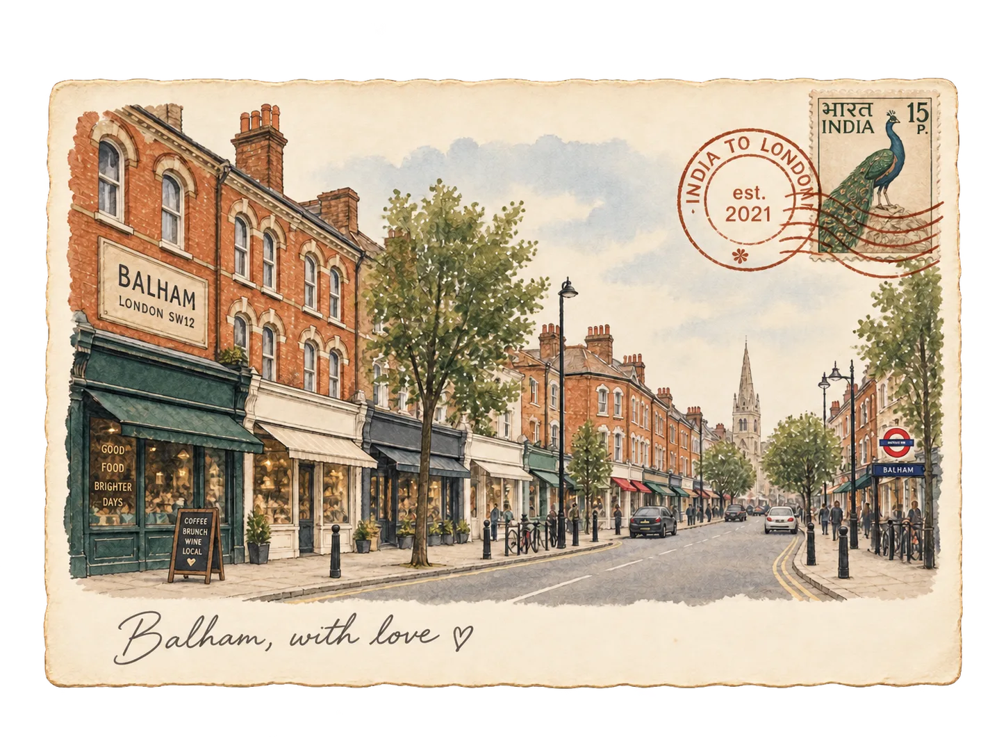 An ivory postcard from India to Balham, with an Indian postage stamp and a watercolor view of Balham High Road